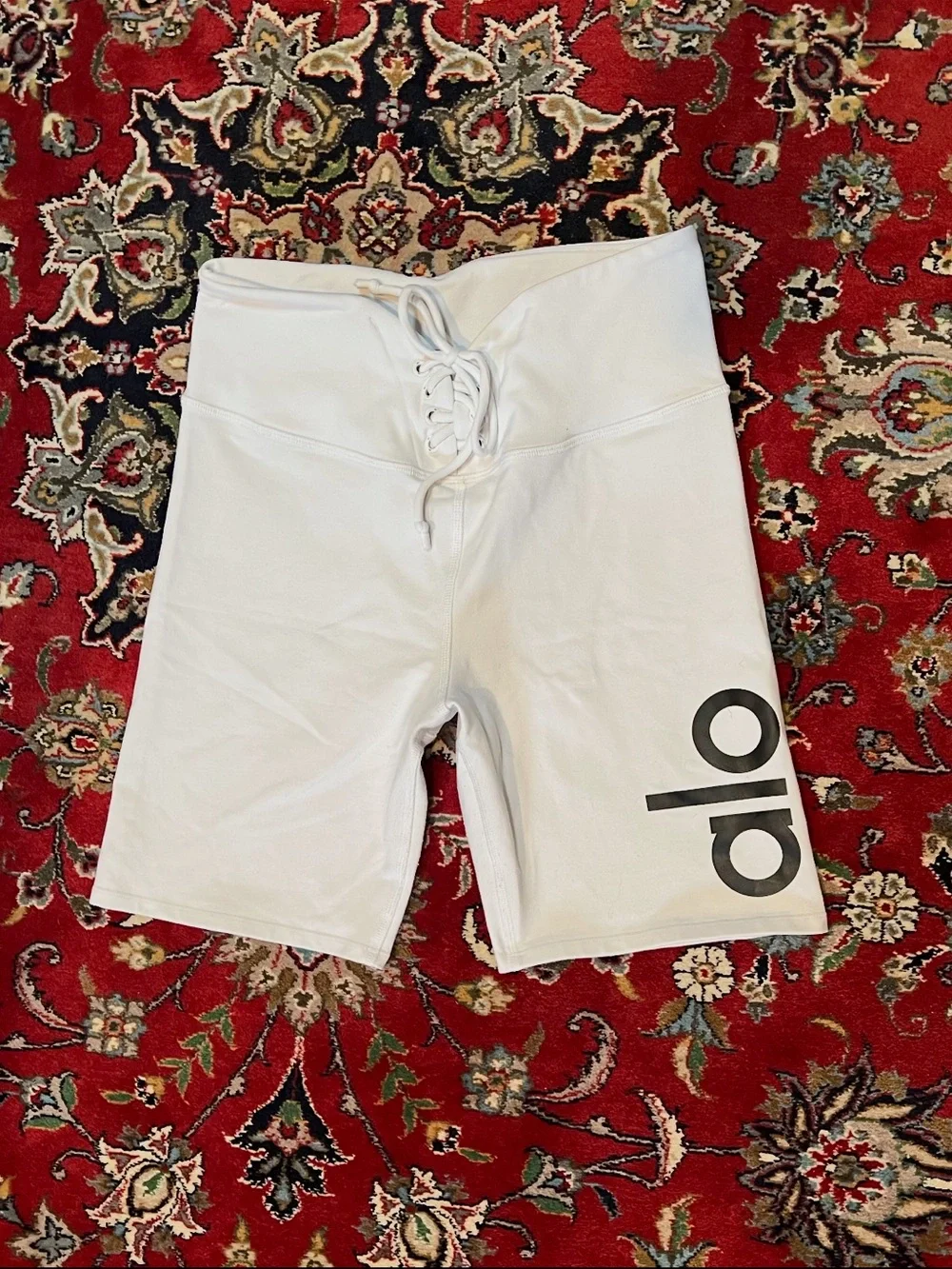 ALO Yoga White Lace-Up High-Waist Athletic Bike Shorts with Black Logo